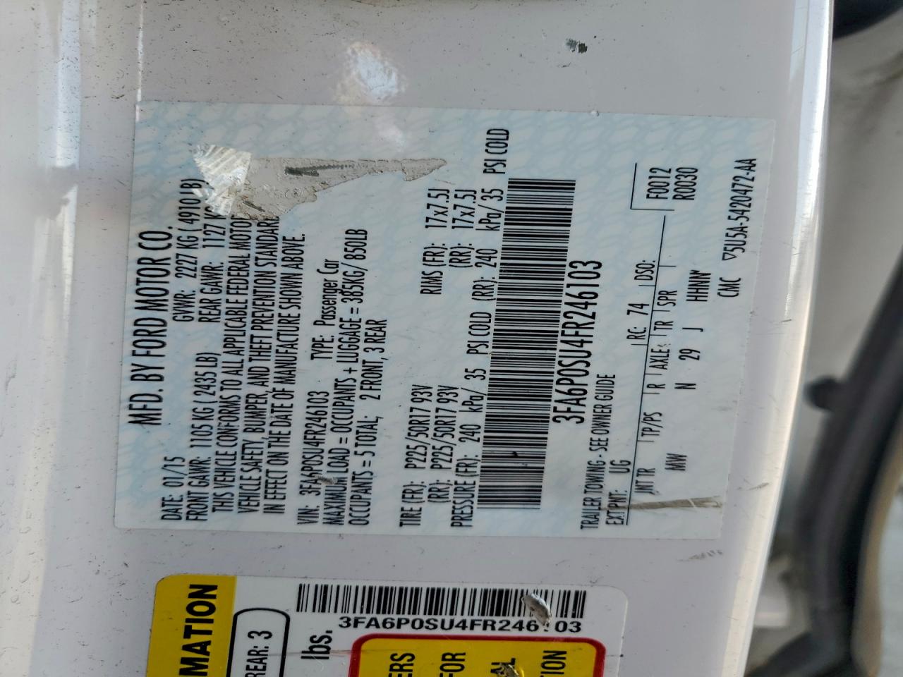 2015 Ford Fusion Titanium Phev VIN: 3FA6P0SU4FR246103 Lot: 93776965