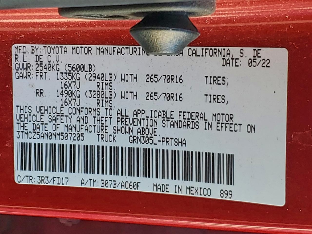 2022 Toyota Tacoma Double Cab VIN: 3TMCZ5AN0NM507205 Lot: 93345905