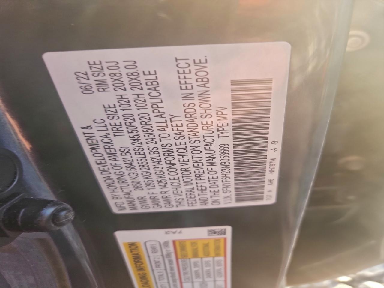 2022 Honda Pilot Se VIN: 5FNYF6H23NB058669 Lot: 92068995