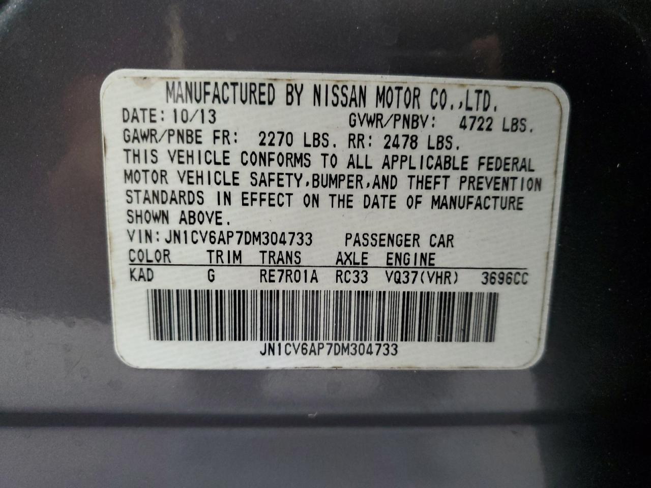 2013 Infiniti G37 Base VIN: JN1CV6AP7DM304733 Lot: 92421685