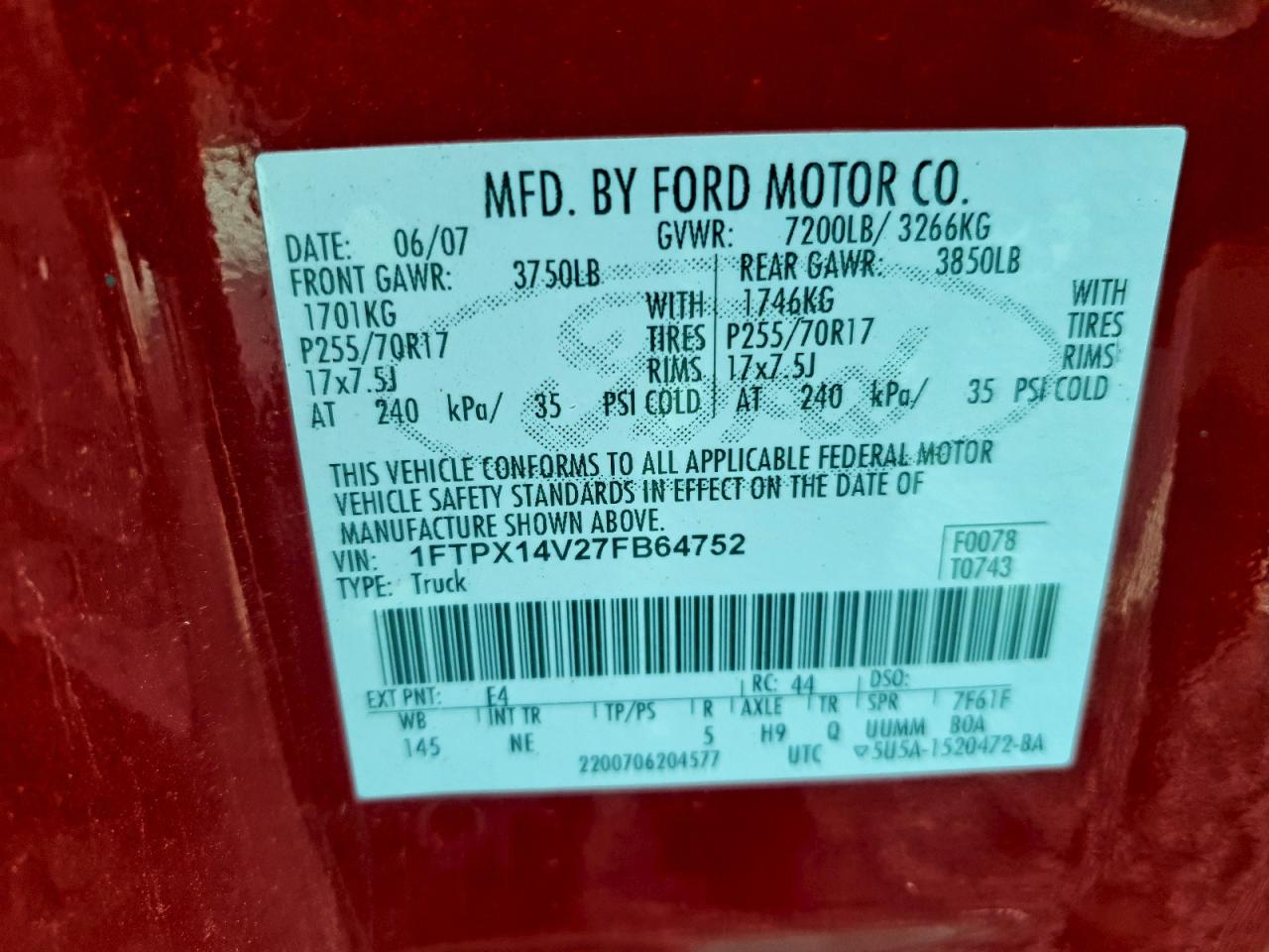 2007 Ford F150 VIN: 1FTPX14V27FB64752 Lot: 94761565