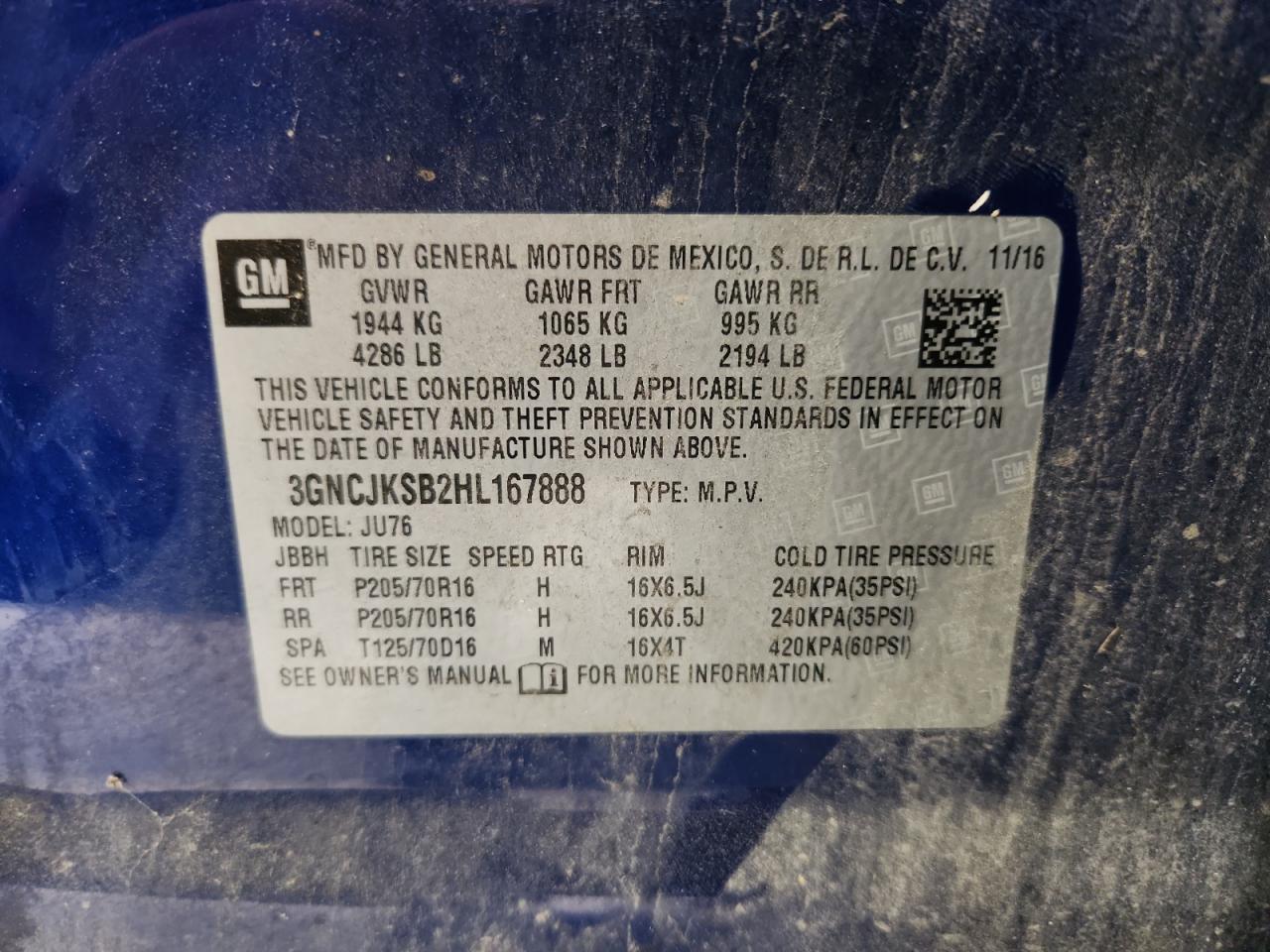 2017 Chevrolet Trax Ls VIN: 3GNCJKSB2HL167888 Lot: 93097435