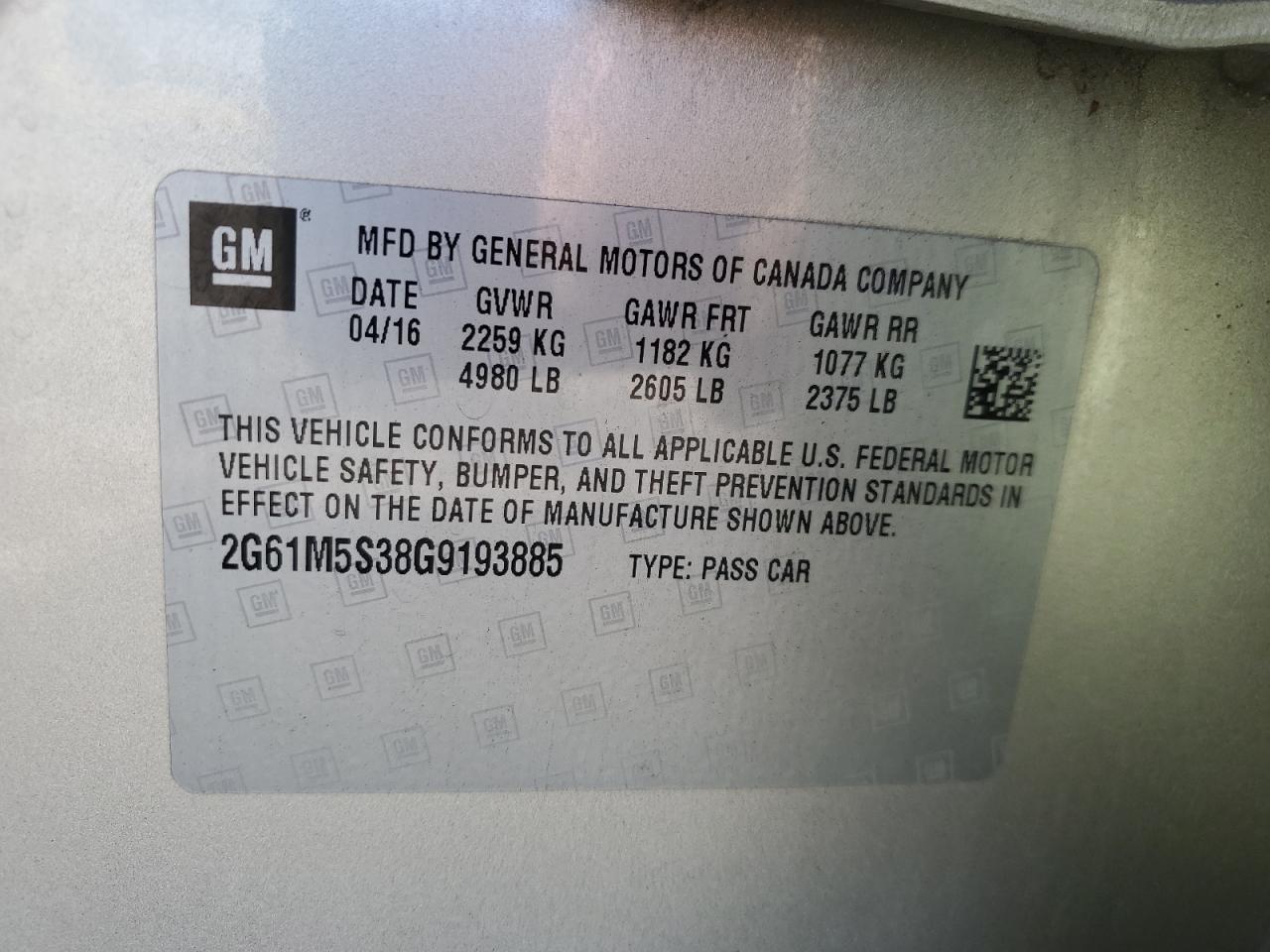 2016 Cadillac Xts Luxury Collection VIN: 2G61M5S38G9193885 Lot: 90840745