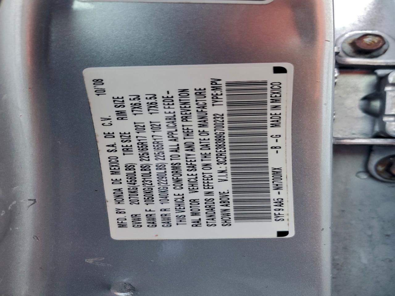 2009 Honda Cr-V Lx VIN: 3CZRE38389G700232 Lot: 94114055