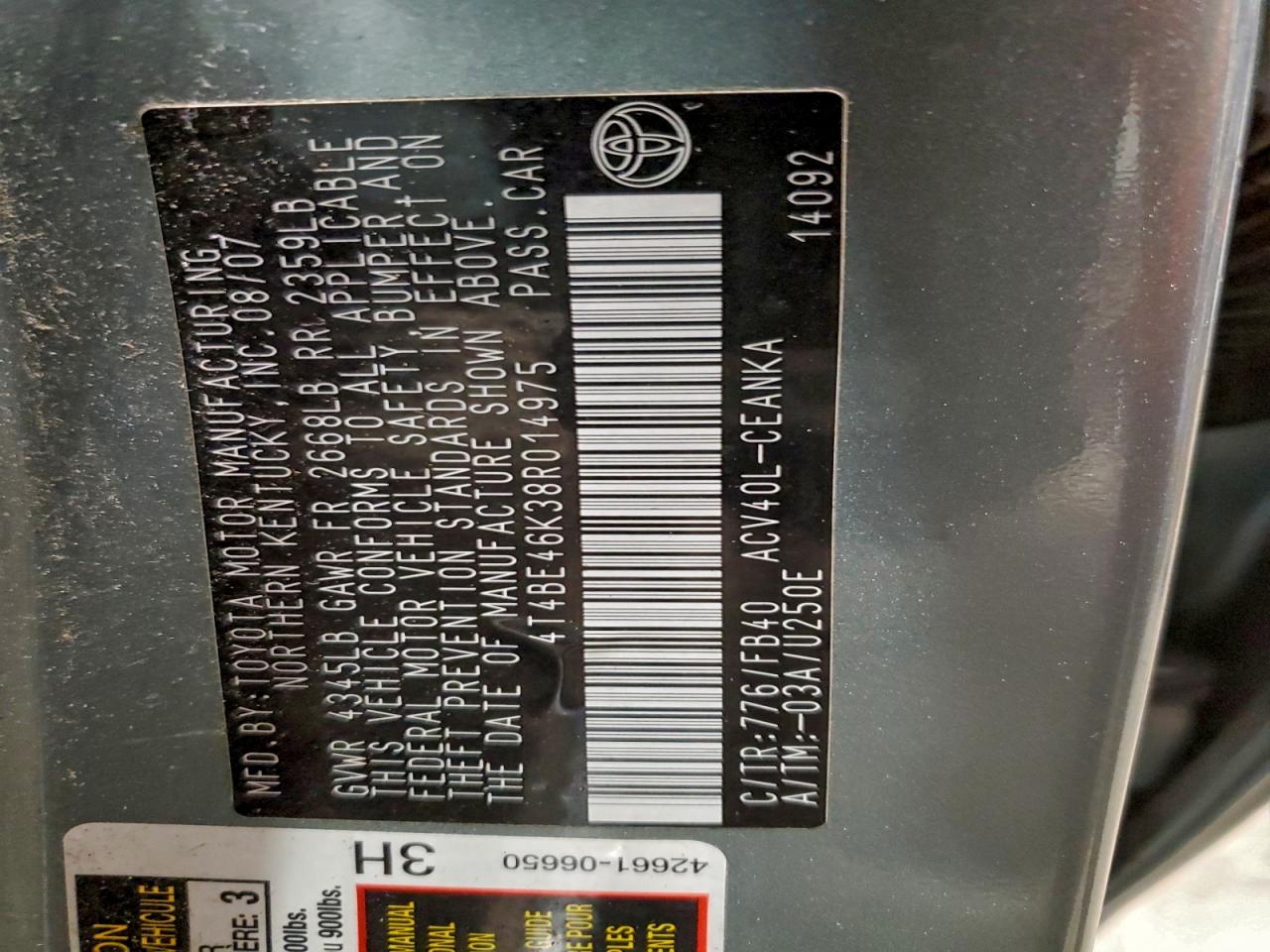 2008 Toyota Camry Ce VIN: 4T4BE46K38R014975 Lot: 94464485