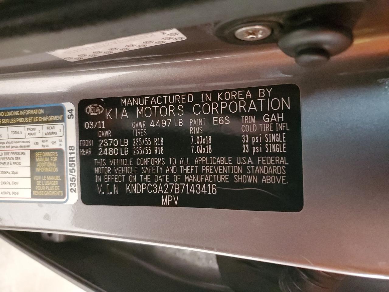 2011 Kia Sportage Ex VIN: KNDPC3A27B7143416 Lot: 93643905