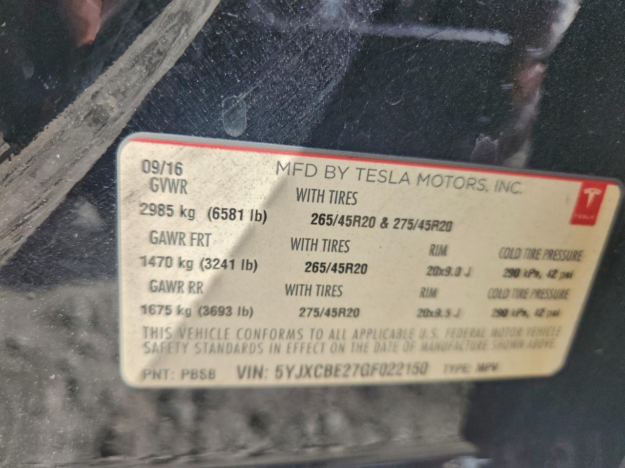 2016 Tesla Model X VIN: 5YJXCBE27GF022150 Lot: 94336075