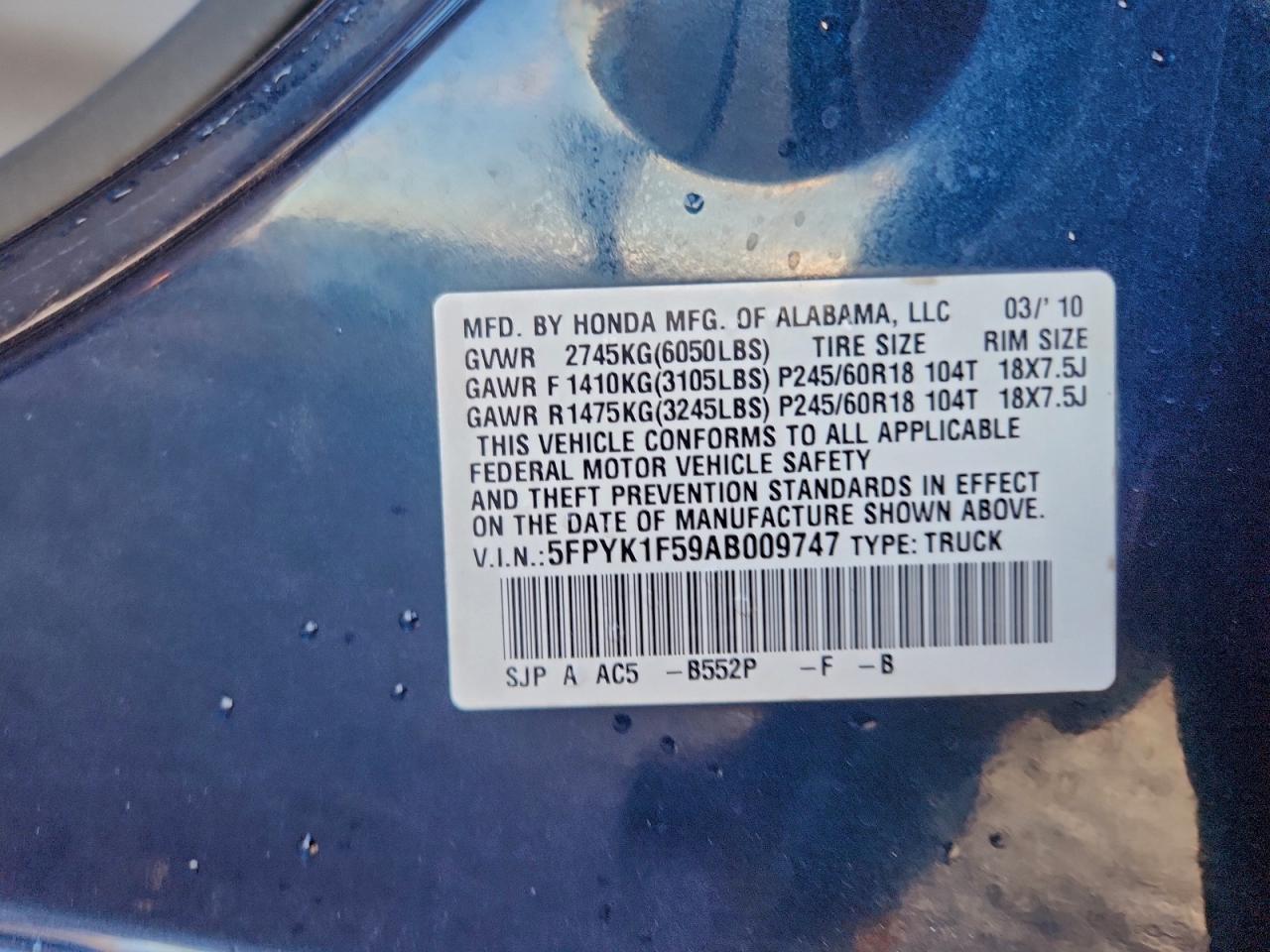 2010 Honda Ridgeline Rtl VIN: 5FPYK1F59AB009747 Lot: 93264225