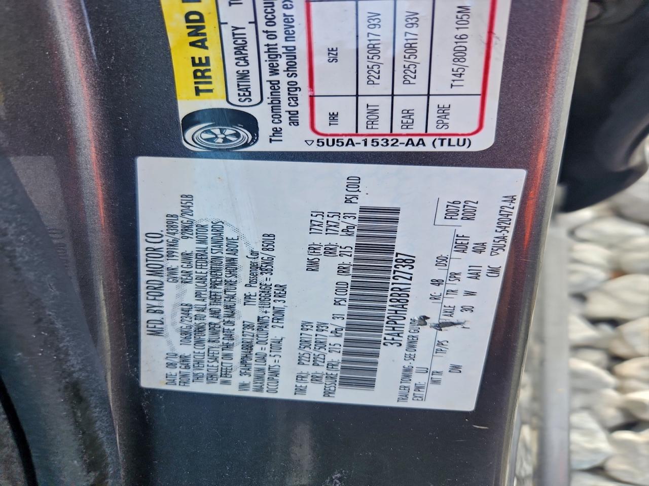 2011 Ford Fusion Se VIN: 3FAHP0HA8BR127387 Lot: 92601365