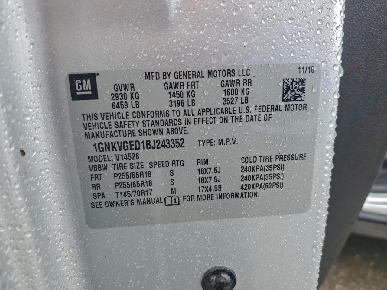 2011 Chevrolet Traverse Lt VIN: 1GNKVGED1BJ243352 Lot: 93925895