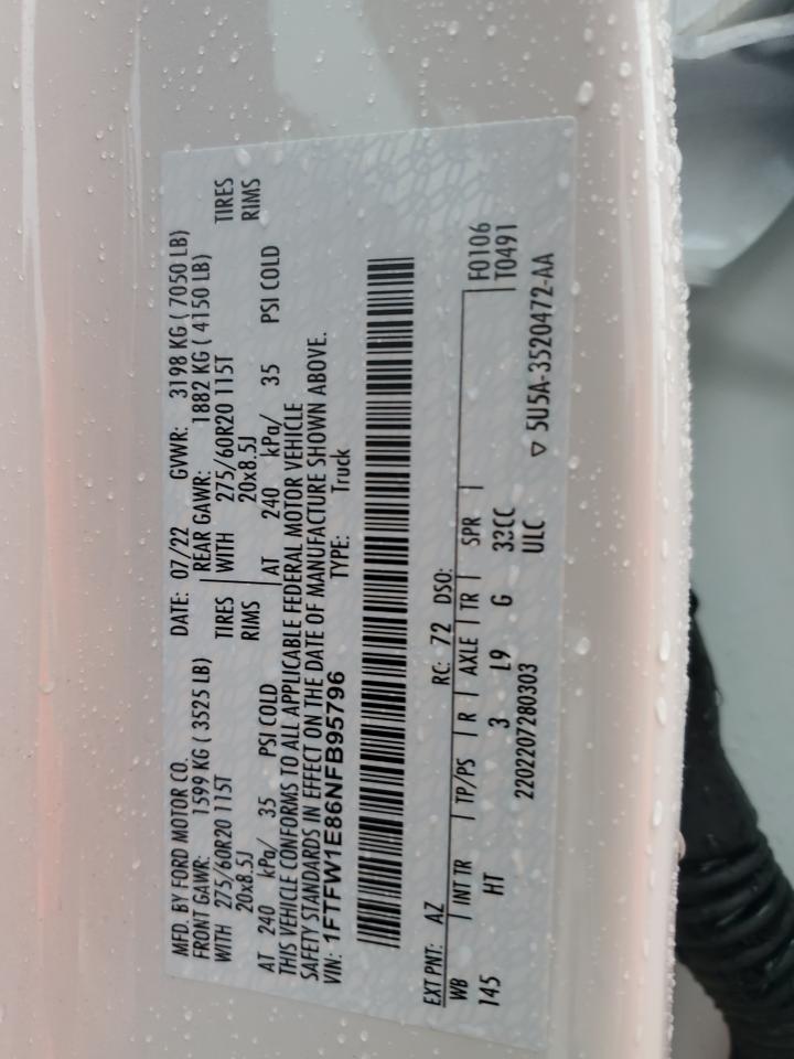 2022 Ford F150 Supercrew VIN: 1FTFW1E86NFB95796 Lot: 92641785