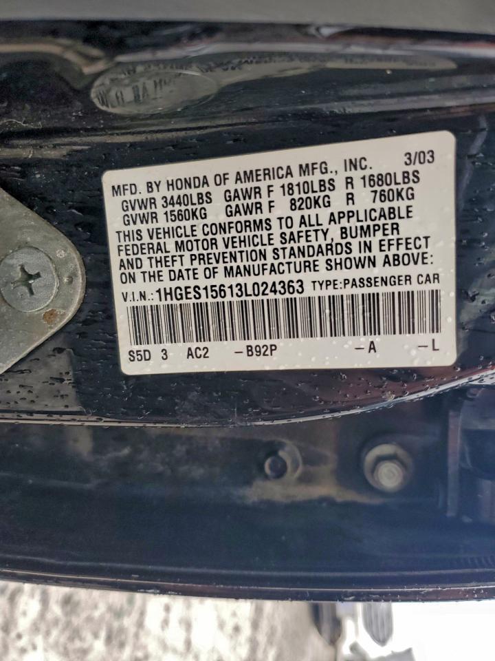 2003 Honda Civic Lx VIN: 1HGES15613L024363 Lot: 93222435