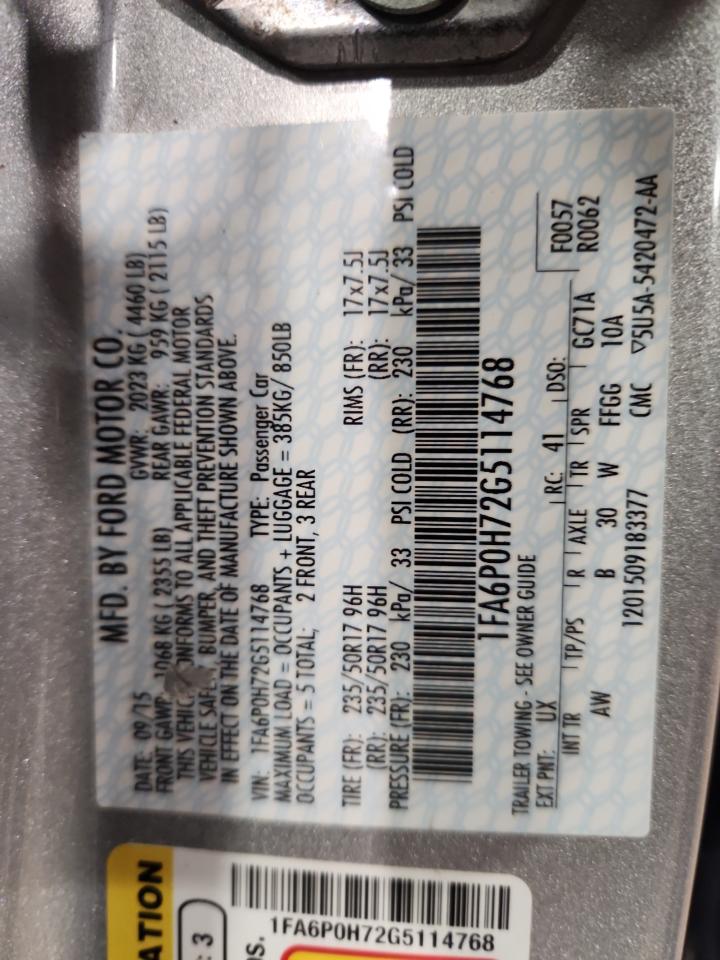 2016 Ford Fusion Se VIN: 1FA6P0H72G5114768 Lot: 93150095