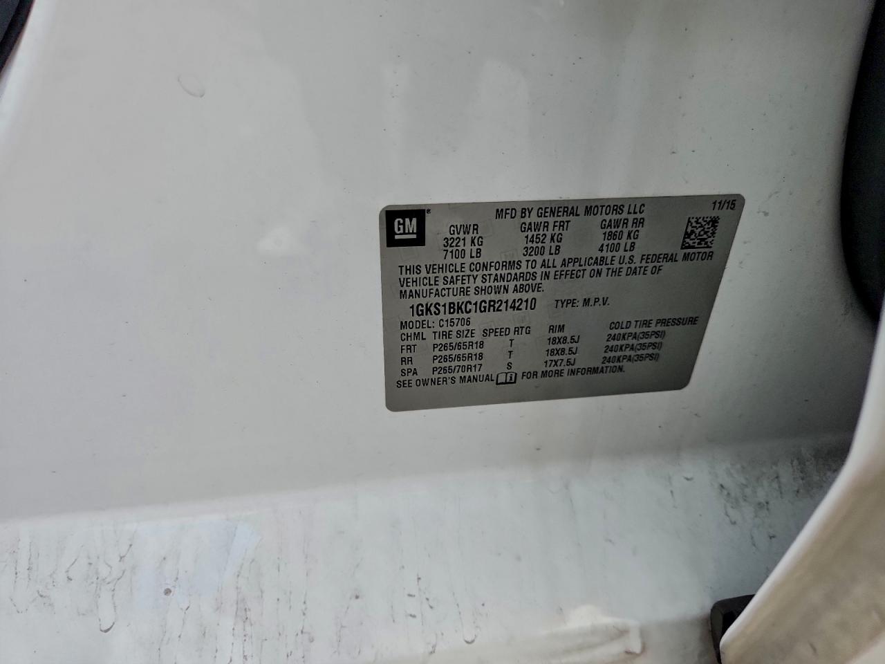 2016 GMC Yukon Slt VIN: 1GKS1BKC1GR214210 Lot: 93969065