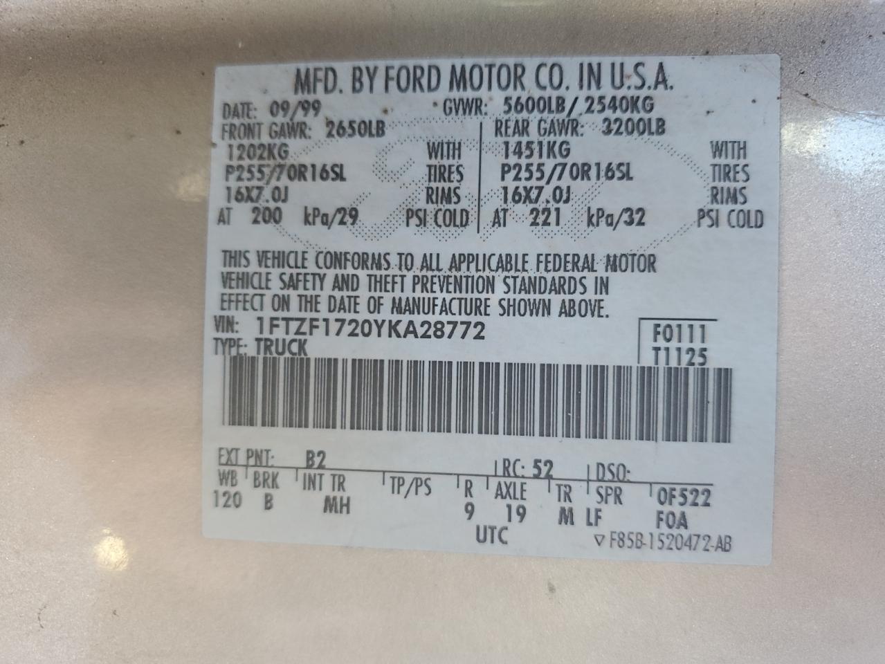 2000 Ford F150 VIN: 1FTZF1720YKA28772 Lot: 91766825