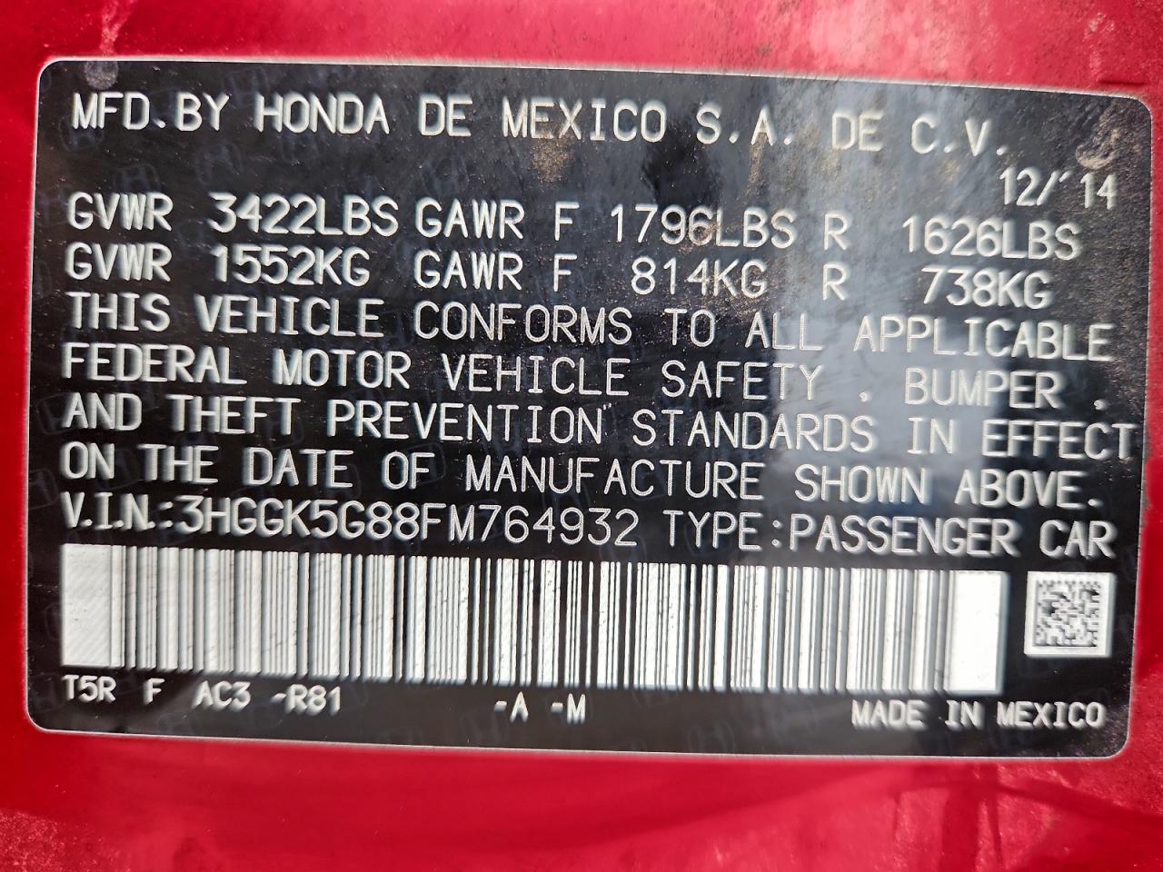 2015 Honda Fit Ex VIN: 3HGGK5G88FM764932 Lot: 94107445