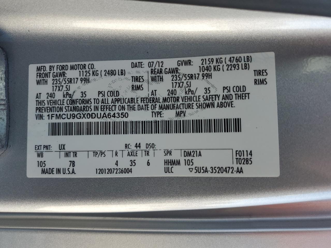 2013 Ford Escape Se VIN: 1FMCU9GX0DUA64350 Lot: 93185975