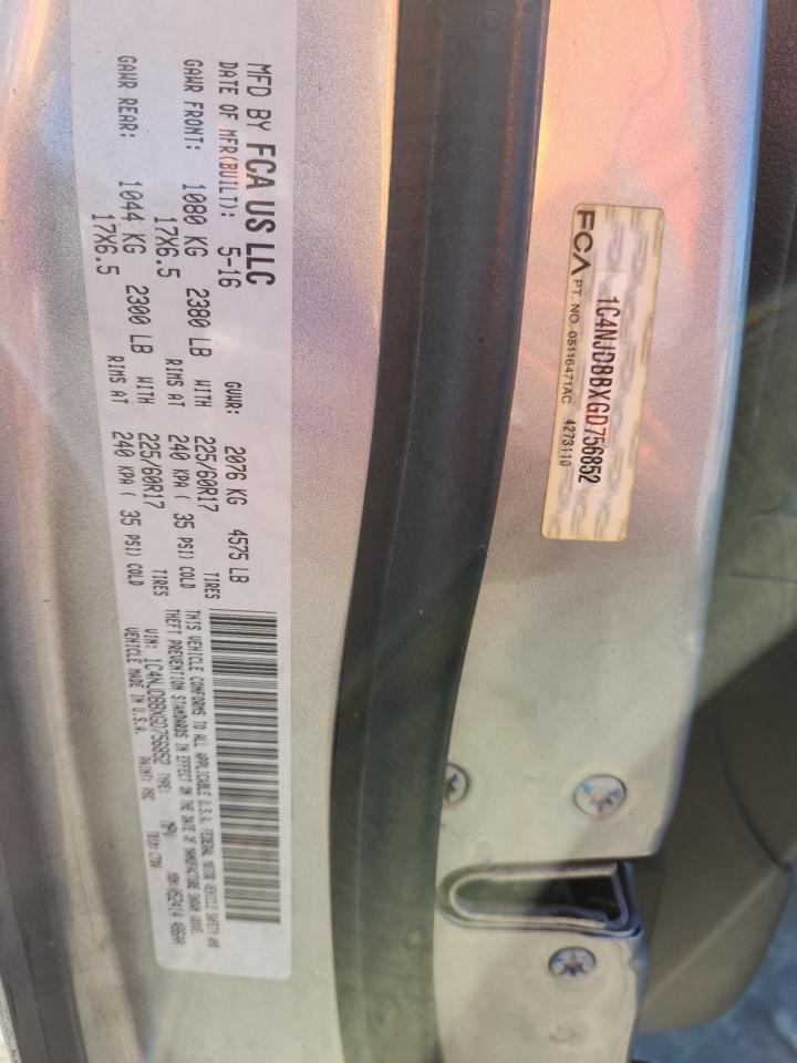 2016 Jeep Compass Sport VIN: 1C4NJDBBXGD756852 Lot: 91304145