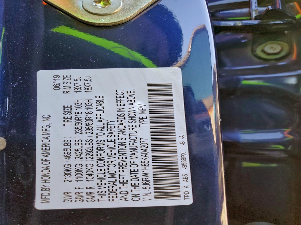 2019 Honda Cr-V Exl VIN: 5J6RW1H85KA042077 Lot: 93677625