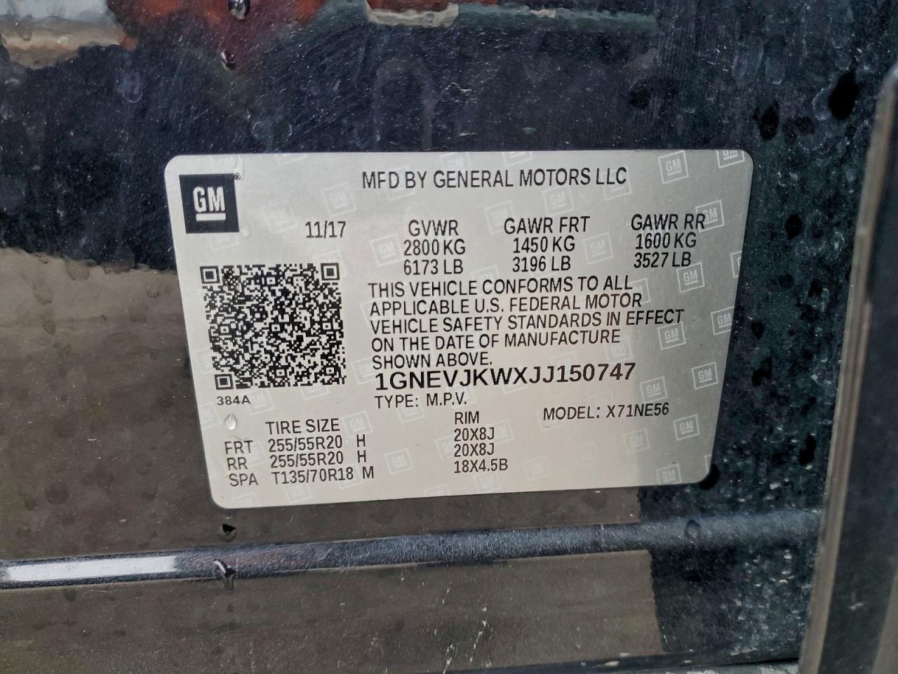 2018 Chevrolet Traverse Premier VIN: 1GNEVJKWXJJ150747 Lot: 93833525