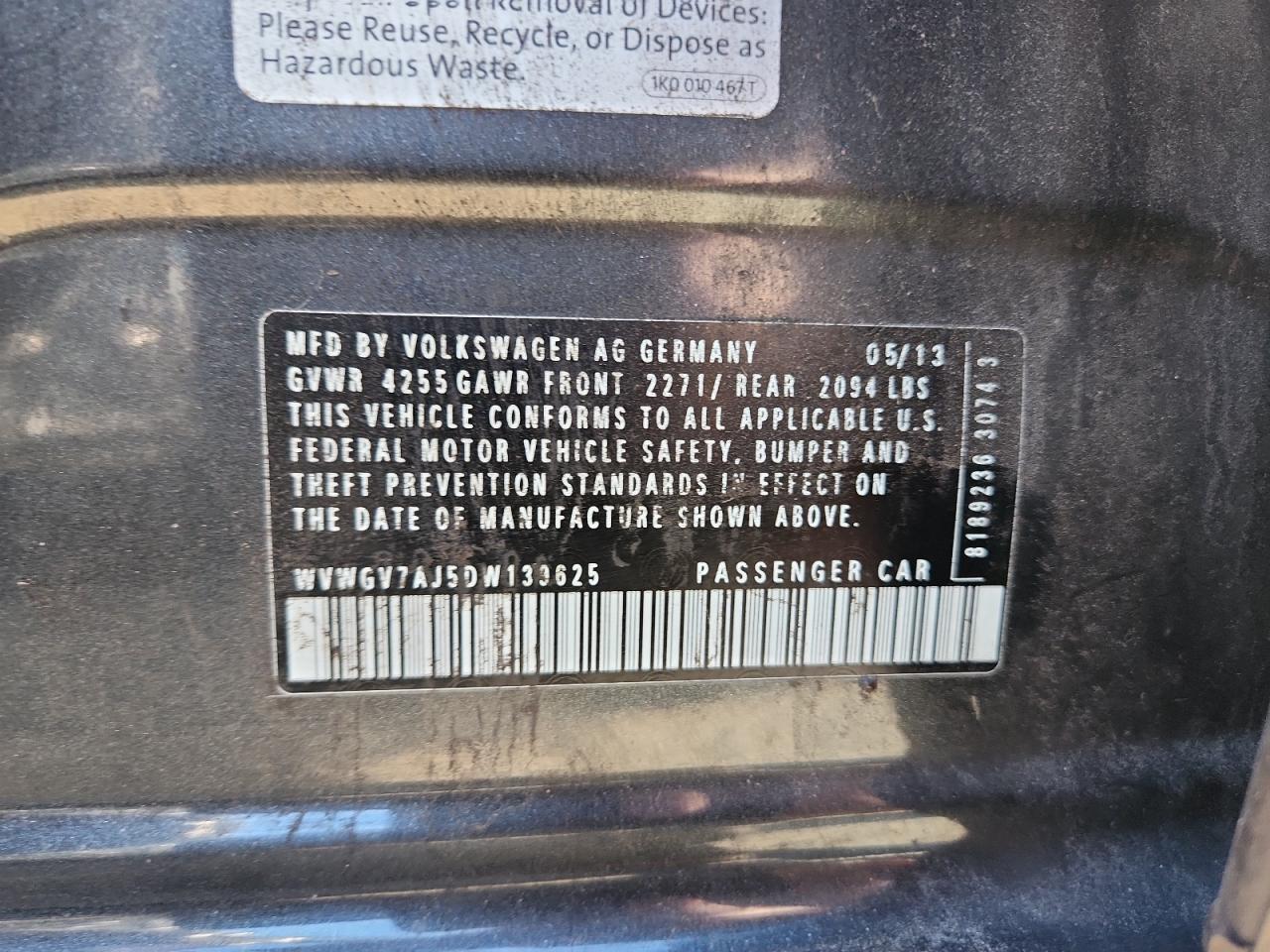 2013 Volkswagen Gti VIN: WVWGV7AJ5DW139625 Lot: 92492775