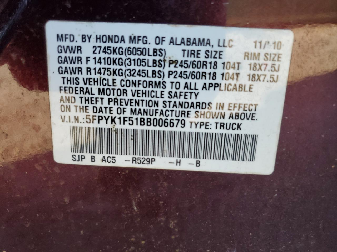 2011 Honda Ridgeline Rtl VIN: 5FPYK1F51BB006679 Lot: 90089965