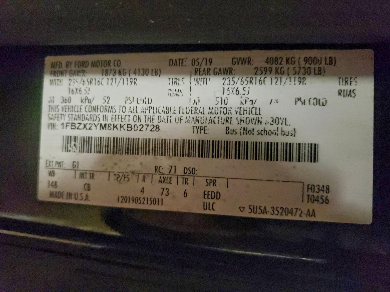 2019 Ford Transit T-350 VIN: 1FBZX2YM8KKB02728 Lot: 93285635