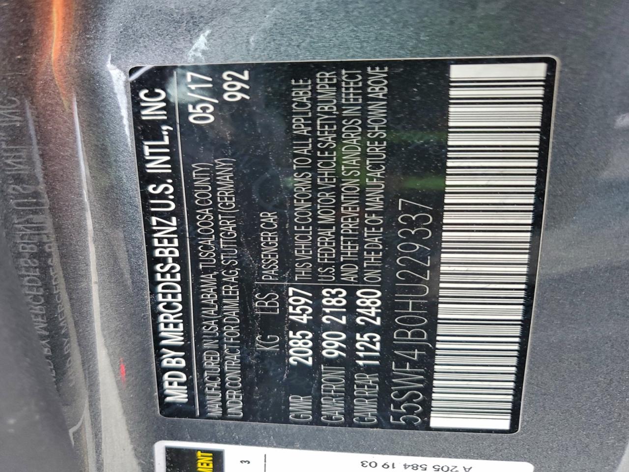 2017 Mercedes-Benz C 300 VIN: 55SWF4JB0HU229337 Lot: 93680815