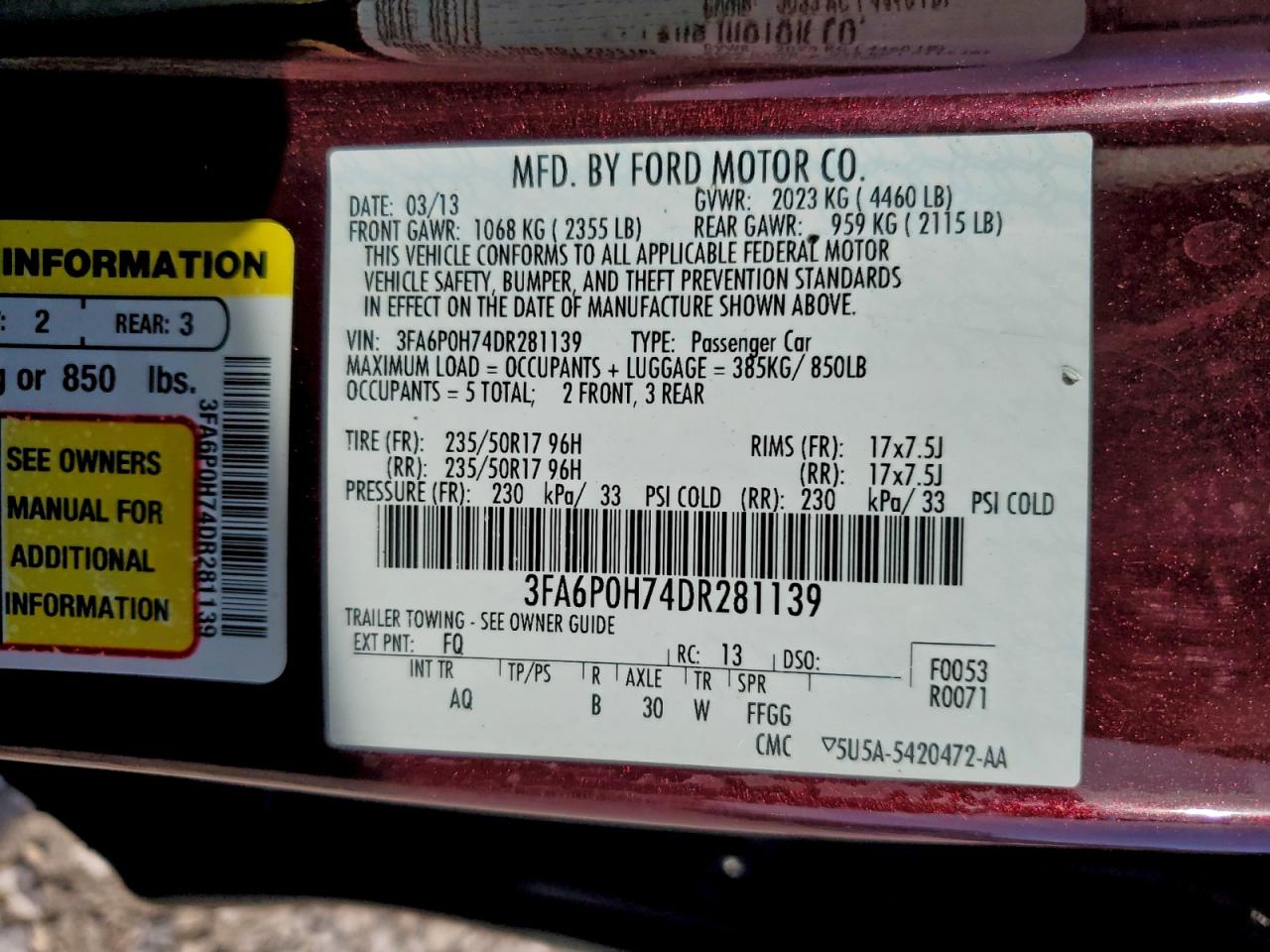 2013 Ford Fusion Se VIN: 3FA6P0H74DR281139 Lot: 94702885