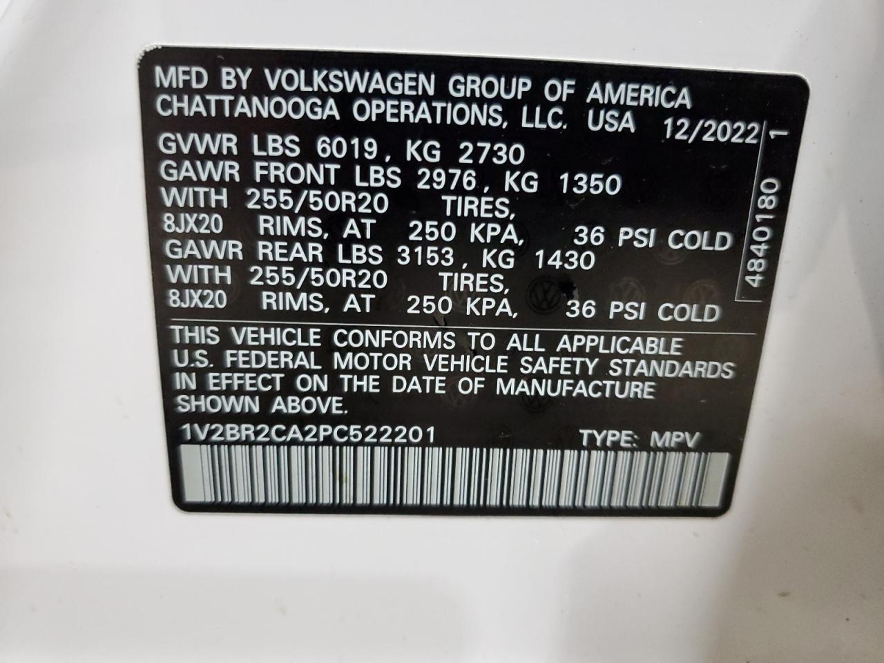 2023 Volkswagen Atlas Sel VIN: 1V2BR2CA2PC522201 Lot: 93624575