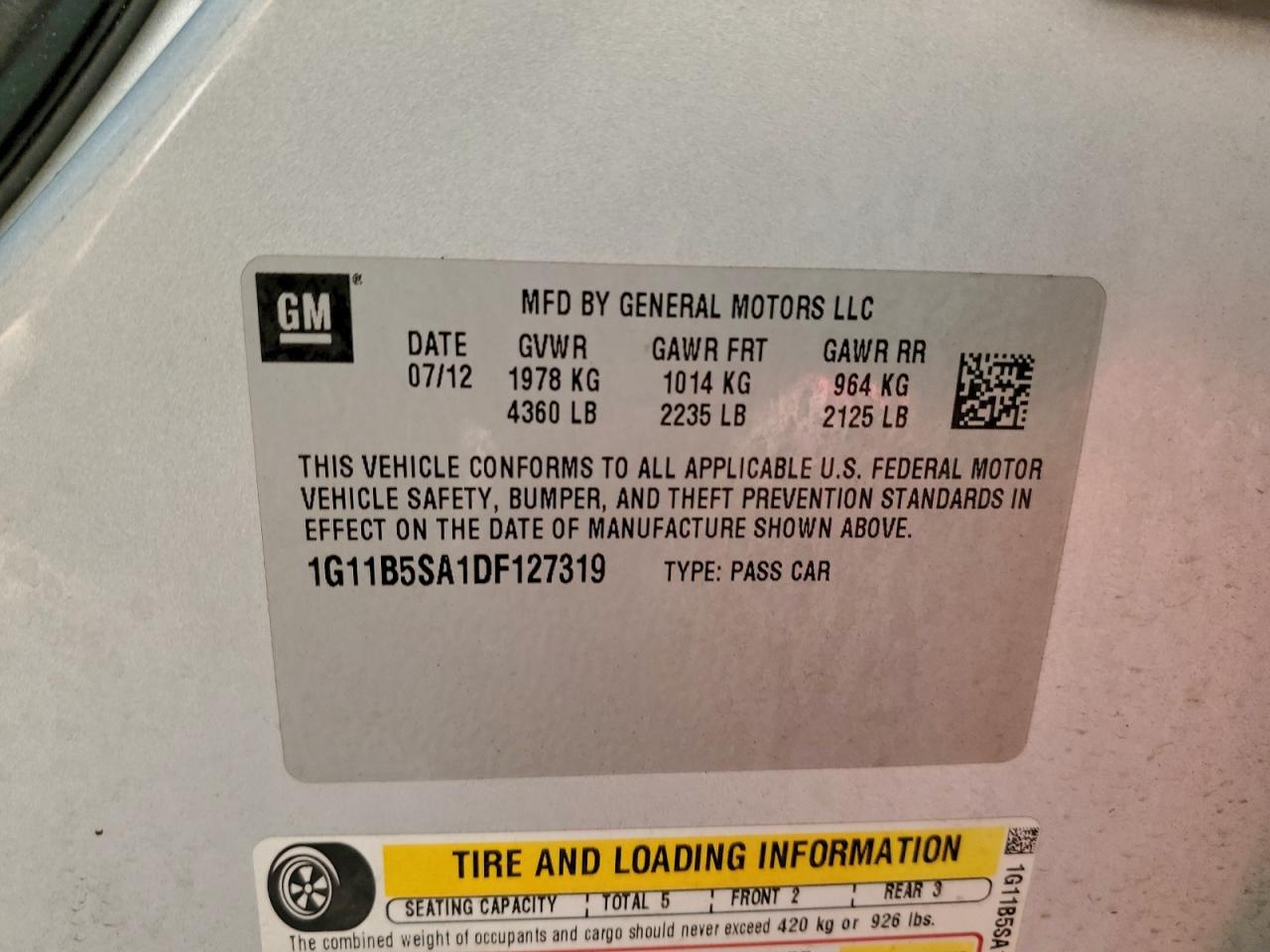 2013 Chevrolet Malibu Ls VIN: 1G11B5SA1DF127319 Lot: 94063075