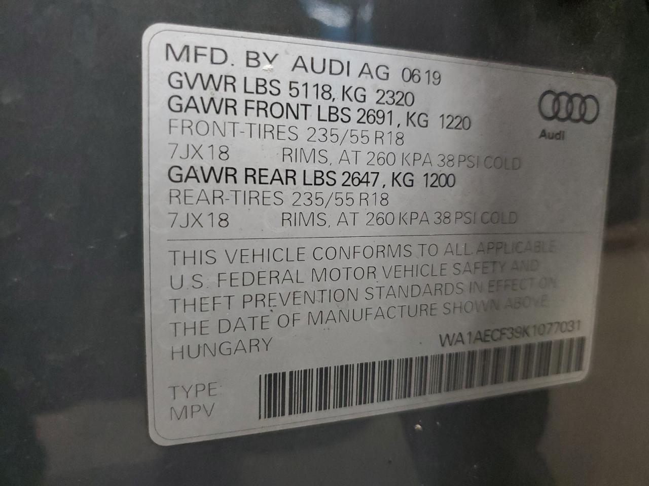 2019 Audi Q3 Premium VIN: WA1AECF39K1077031 Lot: 93940085