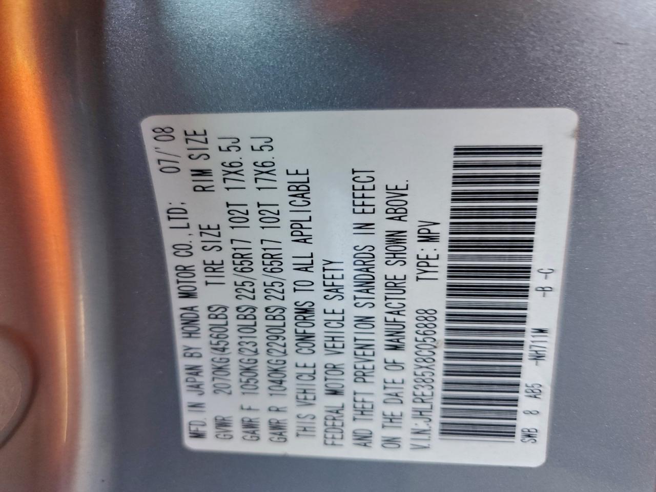 2008 Honda Cr-V Ex VIN: JHLRE385X8C056888 Lot: 94788215