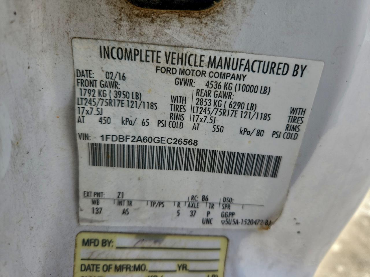 2016 Ford F250 Super Duty VIN: 1FDBF2A60GEC26568 Lot: 93123685