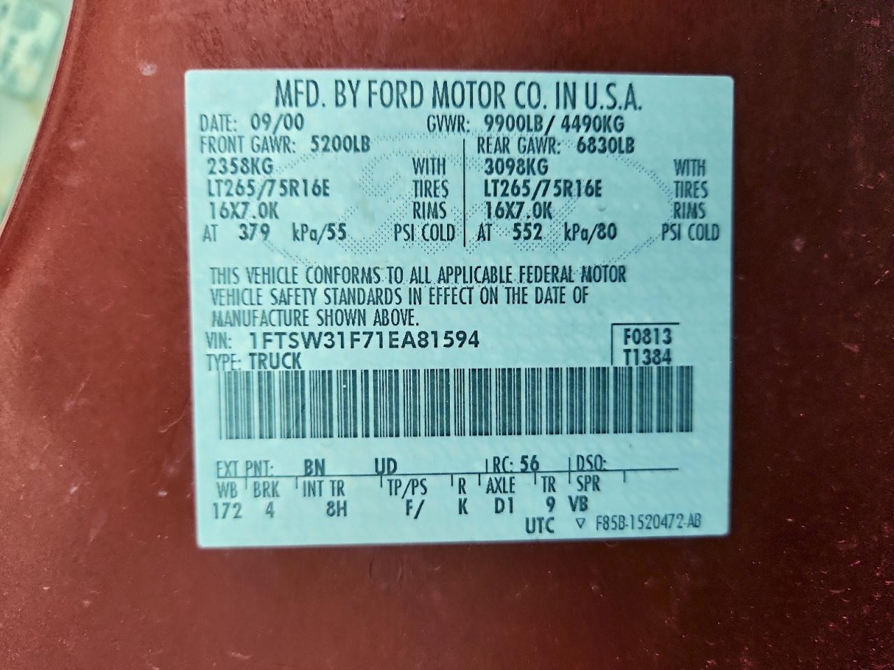2001 Ford F350 Srw Super Duty VIN: 1FTSW31F71EA81594 Lot: 93542315