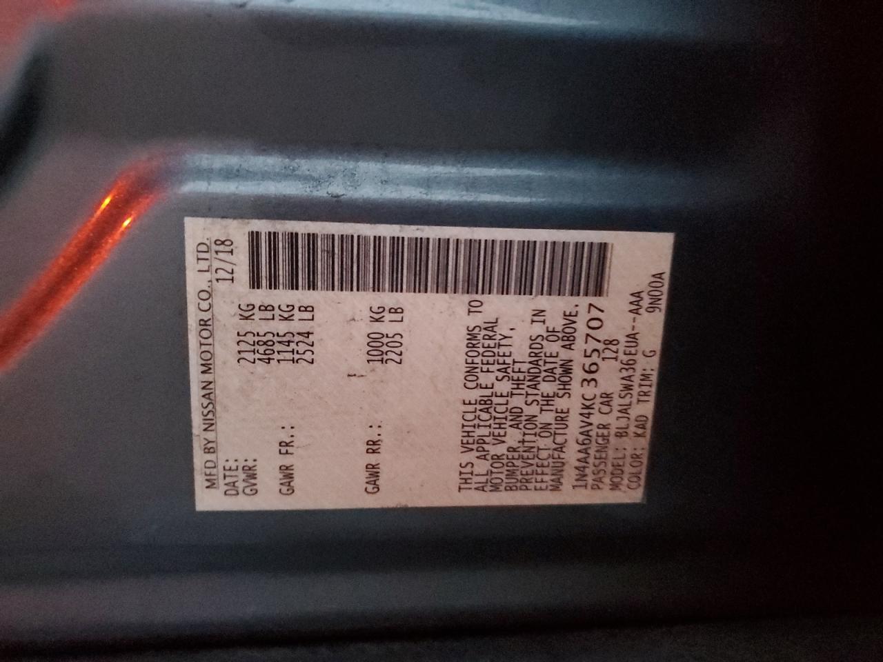 2019 Nissan Maxima S VIN: 1N4AA6AV4KC365707 Lot: 85437155