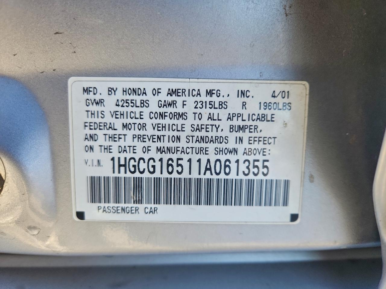 2001 Honda Accord Ex VIN: 1HGCG16511A061355 Lot: 93753835