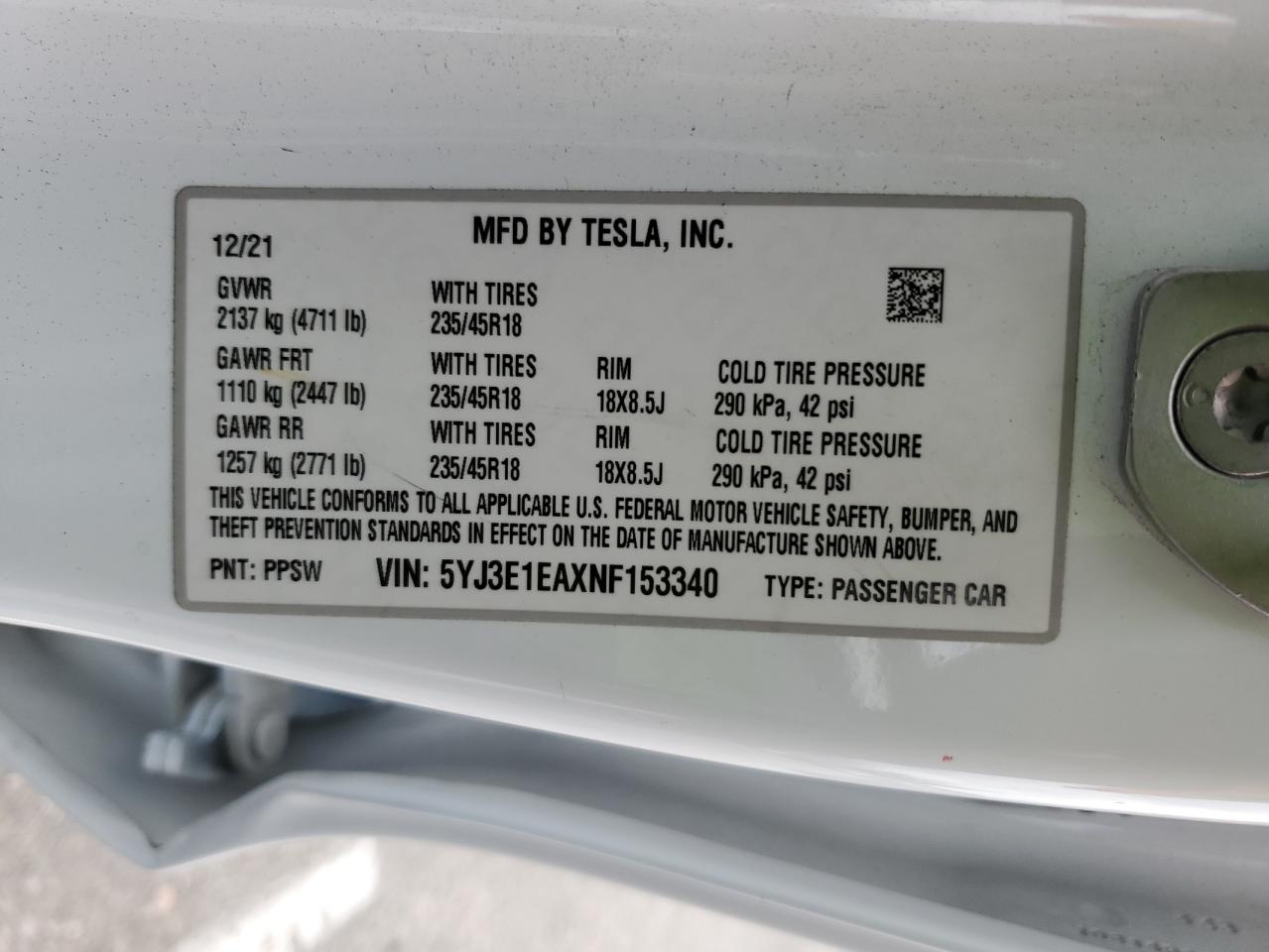 2022 Tesla Model 3 VIN: 5YJ3E1EAXNF153340 Lot: 93313555