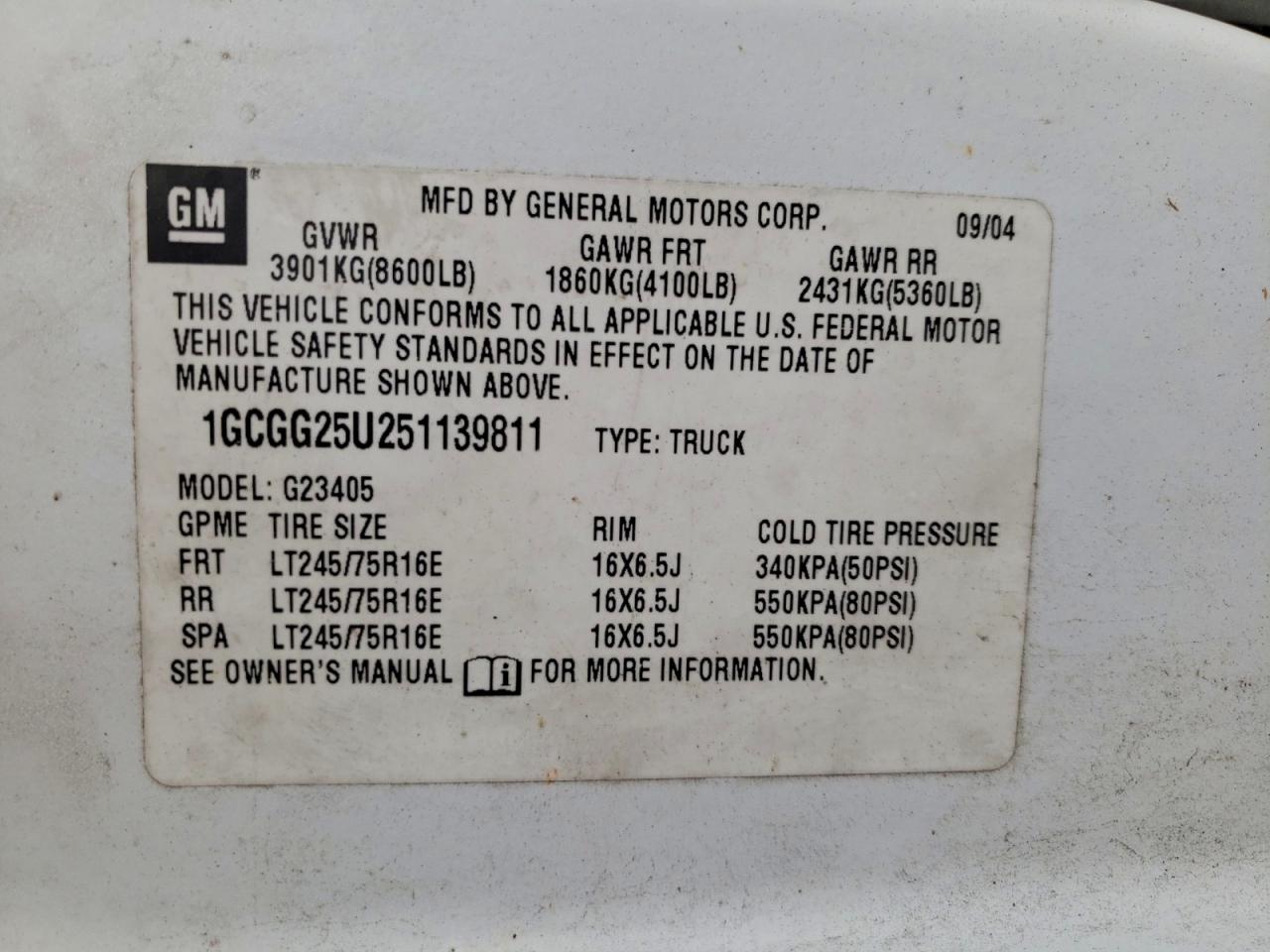 2005 Chevrolet Express G2500 VIN: 1GCGG25U251139811 Lot: 92727855