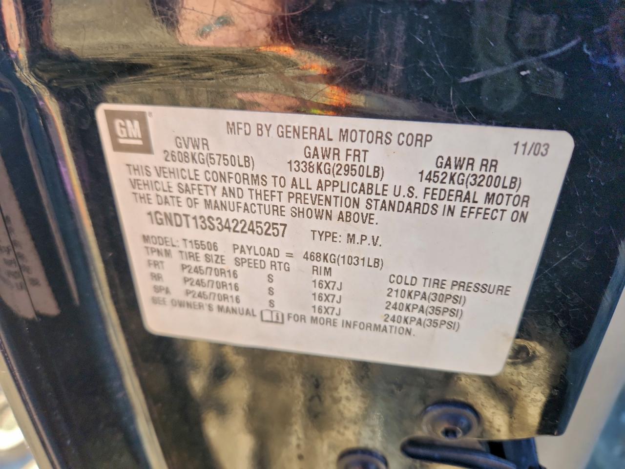 2004 Chevrolet Trailblazer Ls VIN: 1GNDT13S342245257 Lot: 93927485