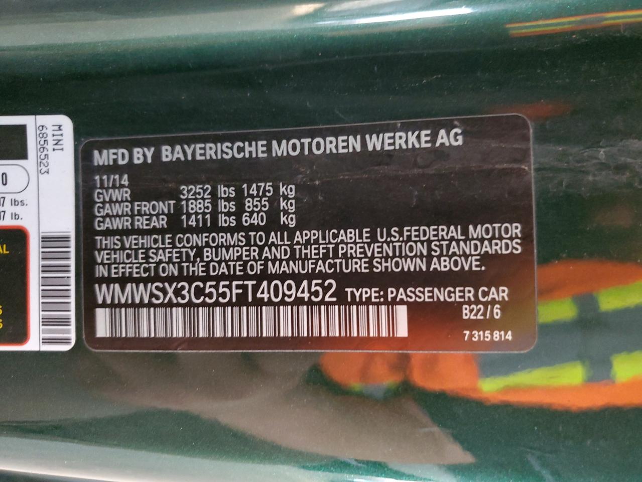 2015 Mini Cooper Coupe S VIN: WMWSX3C55FT409452 Lot: 91062785