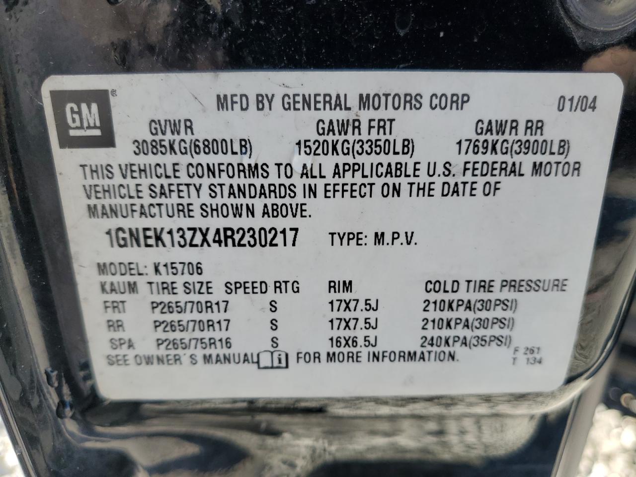 2004 Chevrolet Tahoe K1500 VIN: 1GNEK13ZX4R230217 Lot: 93213475