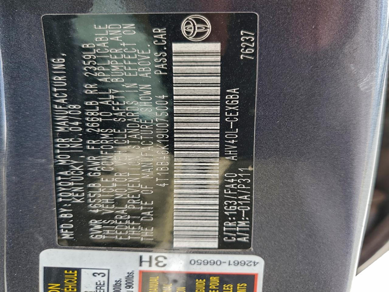 2009 Toyota Camry Hybrid VIN: 4T1BB46K19U075004 Lot: 94590525