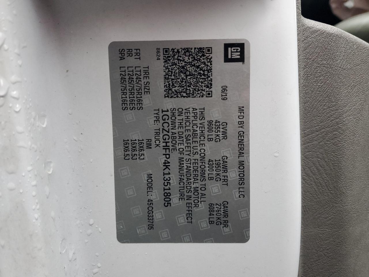 2019 Chevrolet Express G3500 VIN: 1GCZGHFP4K1351805 Lot: 91867585