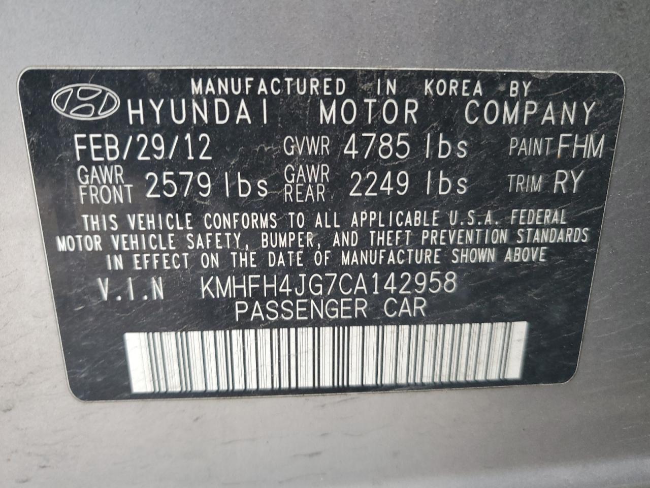 2012 Hyundai Azera Gls VIN: KMHFH4JG7CA142958 Lot: 93030975