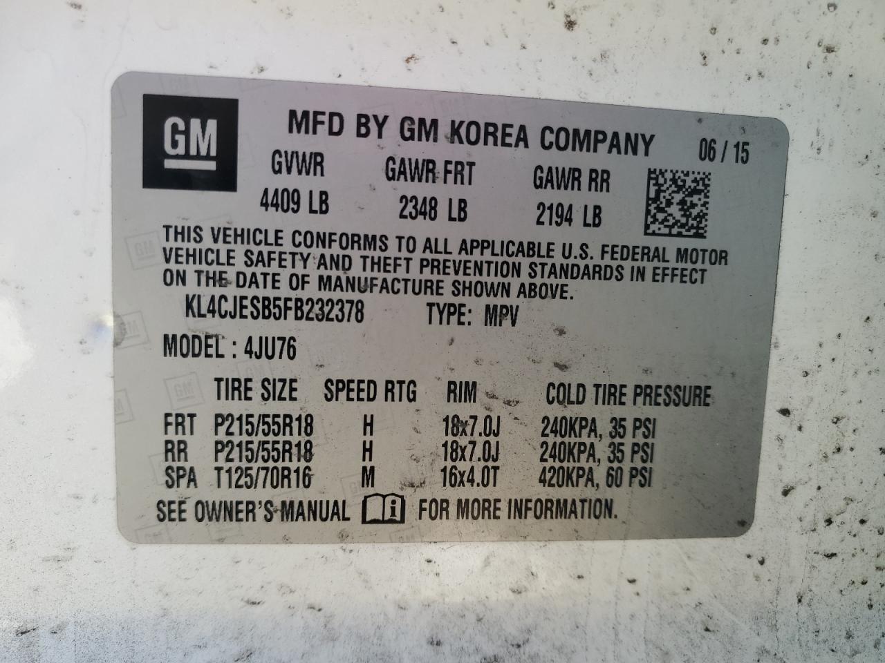 2015 Buick Encore VIN: KL4CJESB5FB232378 Lot: 92313955