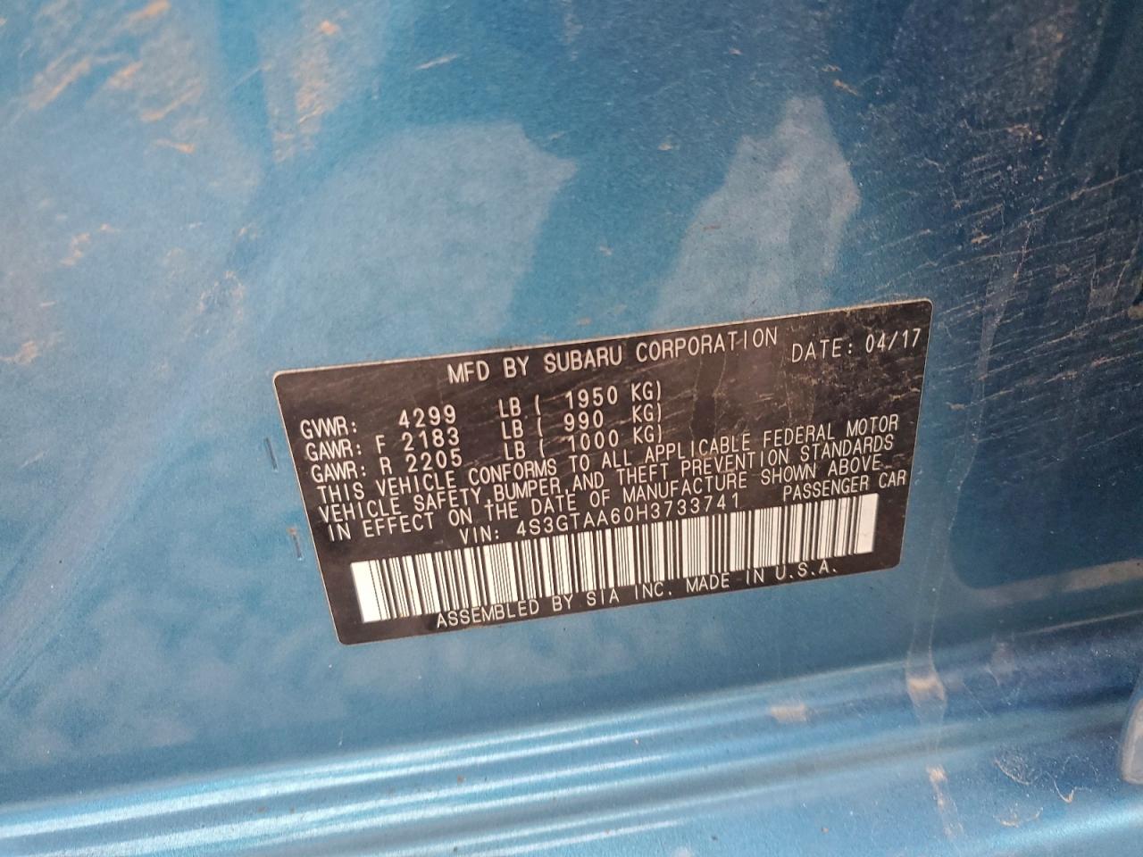 2017 Subaru Impreza VIN: 4S3GTAA60H3733741 Lot: 93101865