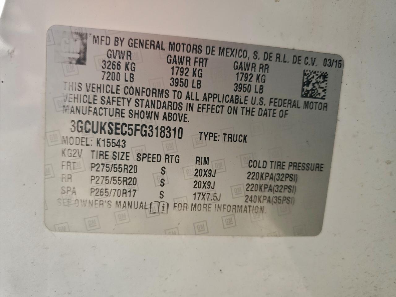 2015 Chevrolet Silverado K1500 Ltz VIN: 3GCUKSEC5FG318310 Lot: 94138985