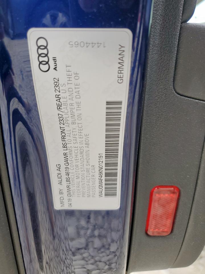 2019 Audi A4 Premium VIN: WAUGMAF46KN012191 Lot: 92701745