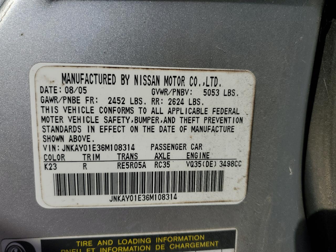 2006 Infiniti M35 Base VIN: JNKAY01E36M108314 Lot: 85357855